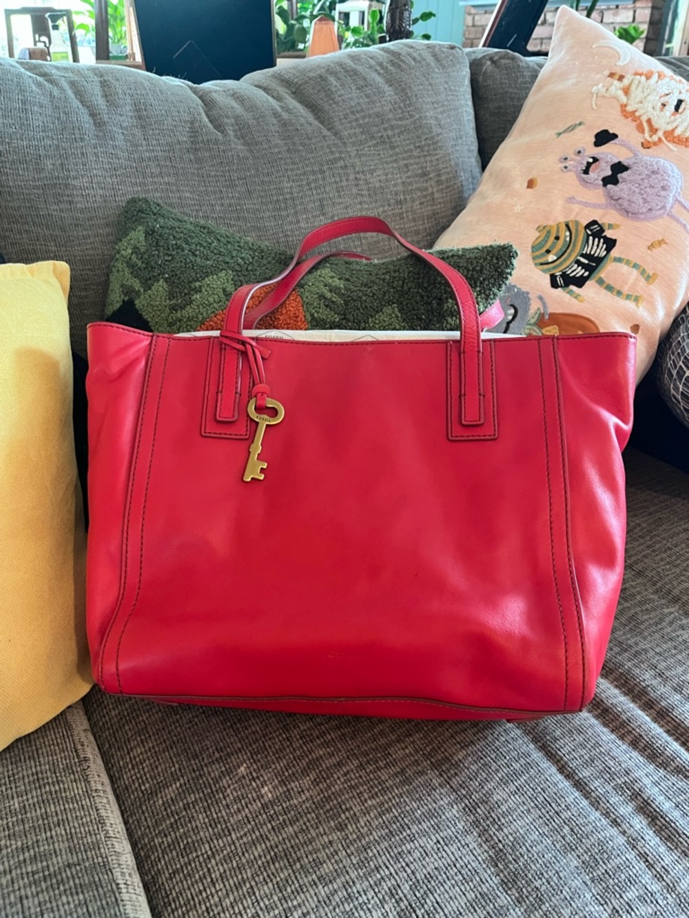 Fossil Women's Red Leather Tote Bag with Top Handles